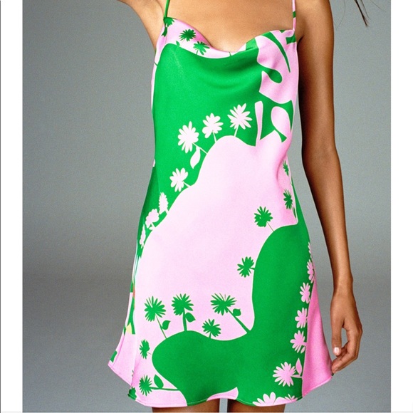 ZARA BNWT Pink Satin Effect Floral Print Mini Dress - Picture 2 of 10
